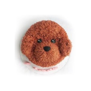 Round dog cake with brown textured fur designed as a poodle, in a realistic style