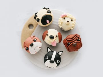 Six dog face cupcakes decorated with detailed fondant to resemble different dog breeds, arranged on a round white plate.