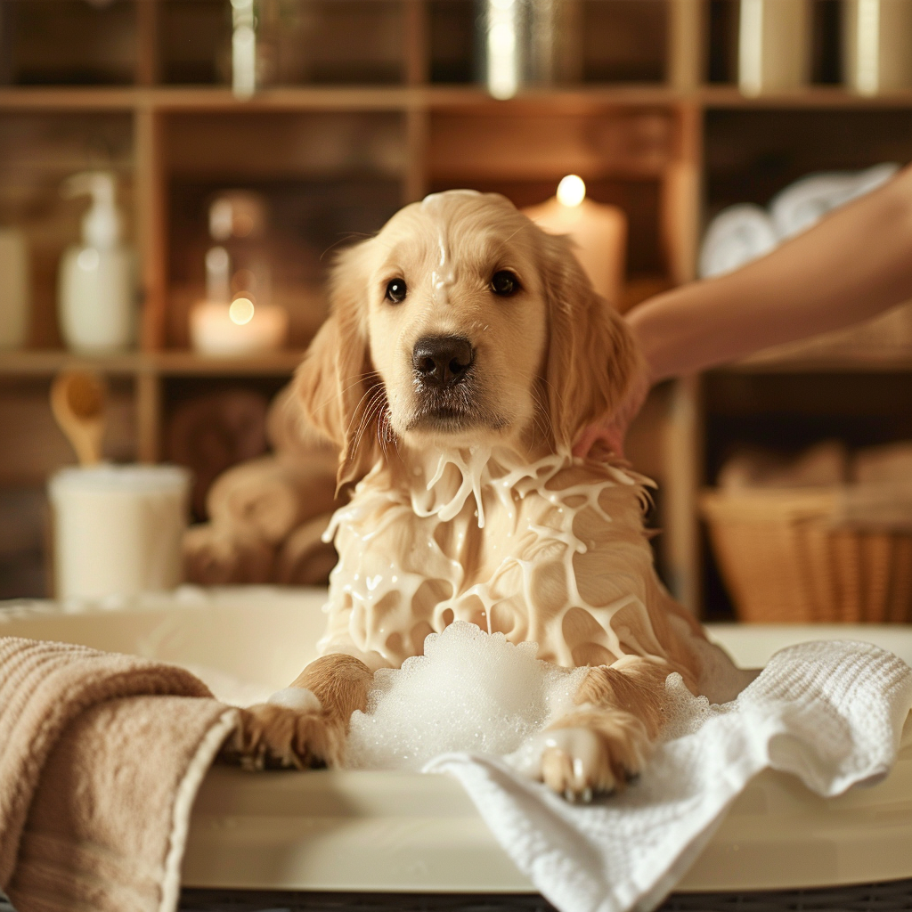 A fluffy golden retriever puppy enjoying a relaxing spa session. The puppy sits comfortably in a warm bath filled with gentle bubbles, while a professional groomer carefully massages its fur with pet-safe shampoo. Nearby, soft towels, a brush, and a nail clipper are neatly arranged. 