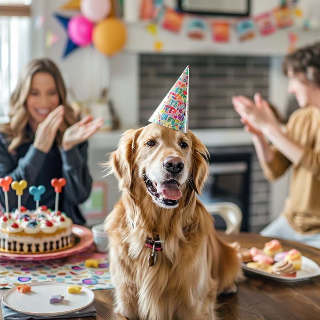 A joyful dog birthday party at home, featuring a golden retriever wearing a festive party hat sitting next to a beautifully decorated table. 