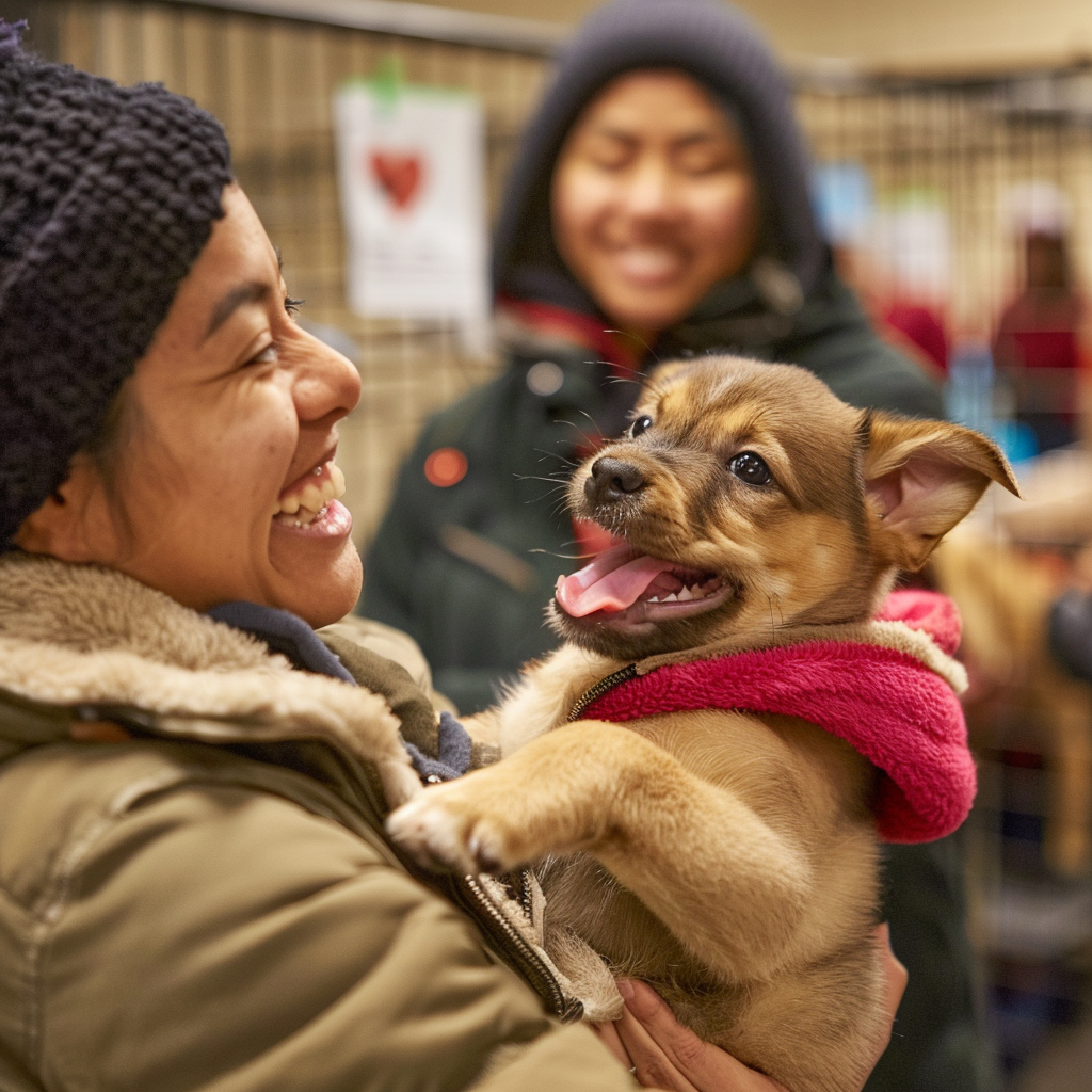 A heartwarming moment at a dog shelter where a smiling pet adopter gently holds a small, rescued puppy in their arms. On the occasion of National Puppy Day