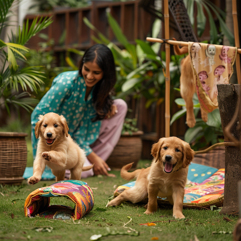 A playful puppy obstacle course set up in a cozy Indian home backyard. A happy golden retriever puppy excitedly jumps over a low hurdle made from soft cushions, while another puppy crawls through a homemade tunnel crafted from colorful fabric. On the occasion of National Puppy Day