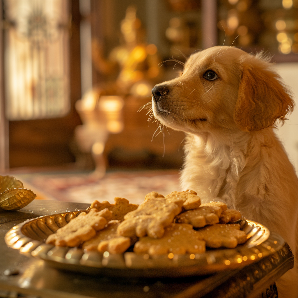 A warm and inviting Indian kitchen where a pet owner is baking homemade dog treats. On the occasion of National Puppy Day