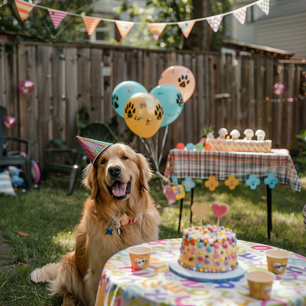 A well-organized dog birthday party setup in a cozy backyard. A happy golden retriever wearing a birthday hat sits next to a beautifully decorated table with a dog-friendly cake, colorful paw-print balloons, and themed banners. 