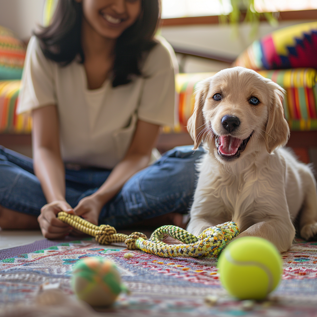 A cheerful pet owner sitting on a cozy indian living room floor, crafting a DIY puppy toy using soft, pet-safe fabric. A curious golden retriever puppy excitedly watches, wagging its tail. Nearby, a tennis ball with hidden treats and a homemade tug toy made from braided fabric are placed on the floor. 