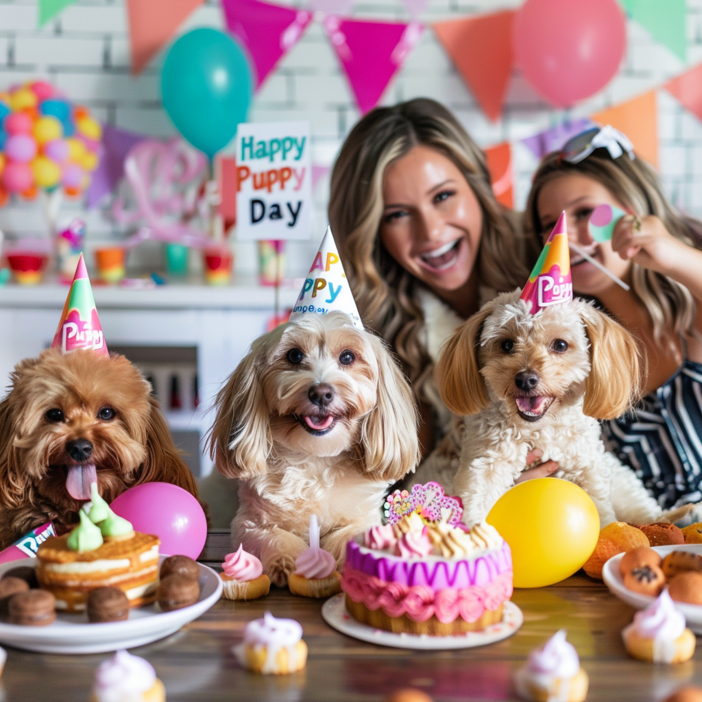 A joyful National Puppy Day party with adorable puppies wearing colorful party hats, playing with balloons and toys. A beautifully decorated table holds a custom puppy-themed cake, surrounded by dog-friendly treats. 