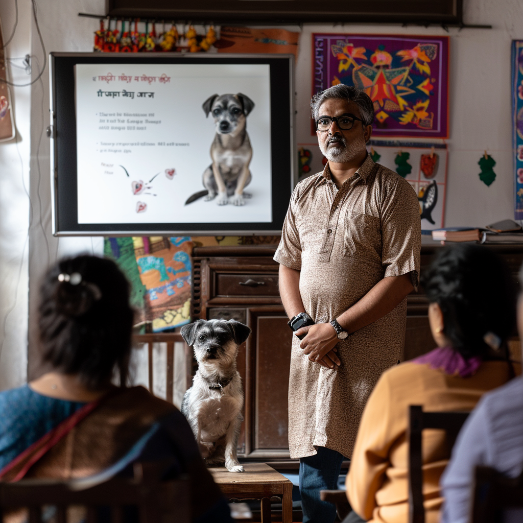 An Indian community seminar on responsible pet ownership, set in a cozy indoor space with traditional decor. A knowledgeable speaker, dressed in a casual kurta, stands in front of a group of attentive pet owners, discussing pet care, nutrition, and training.  On the occasion of National Puppy Day