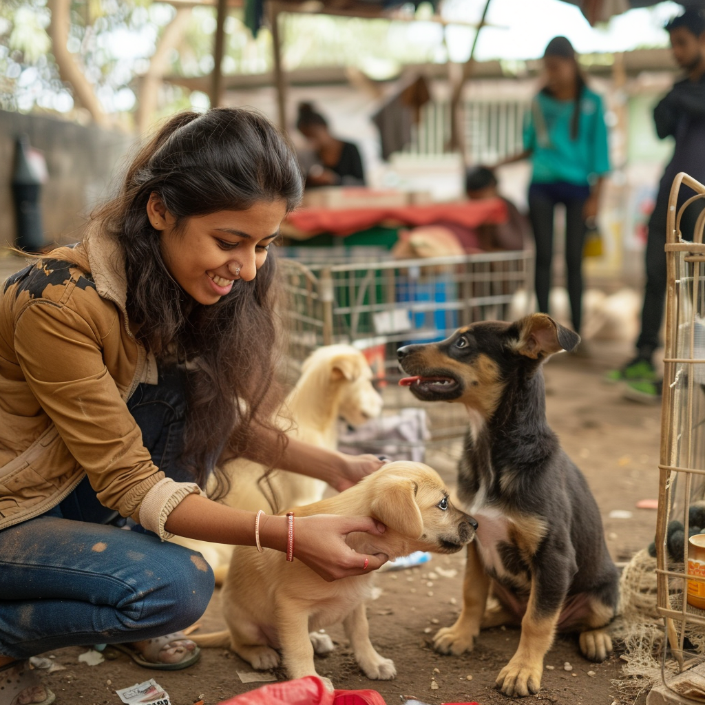 A heartwarming scene at a local indian animal shelter where volunteers are happily interacting with dogs. A young woman kneels down, gently petting a rescued puppy, while another volunteer cleans a dog’s crate. In the background, a donation table is set up with bags of pet food, blankets, and toys. 