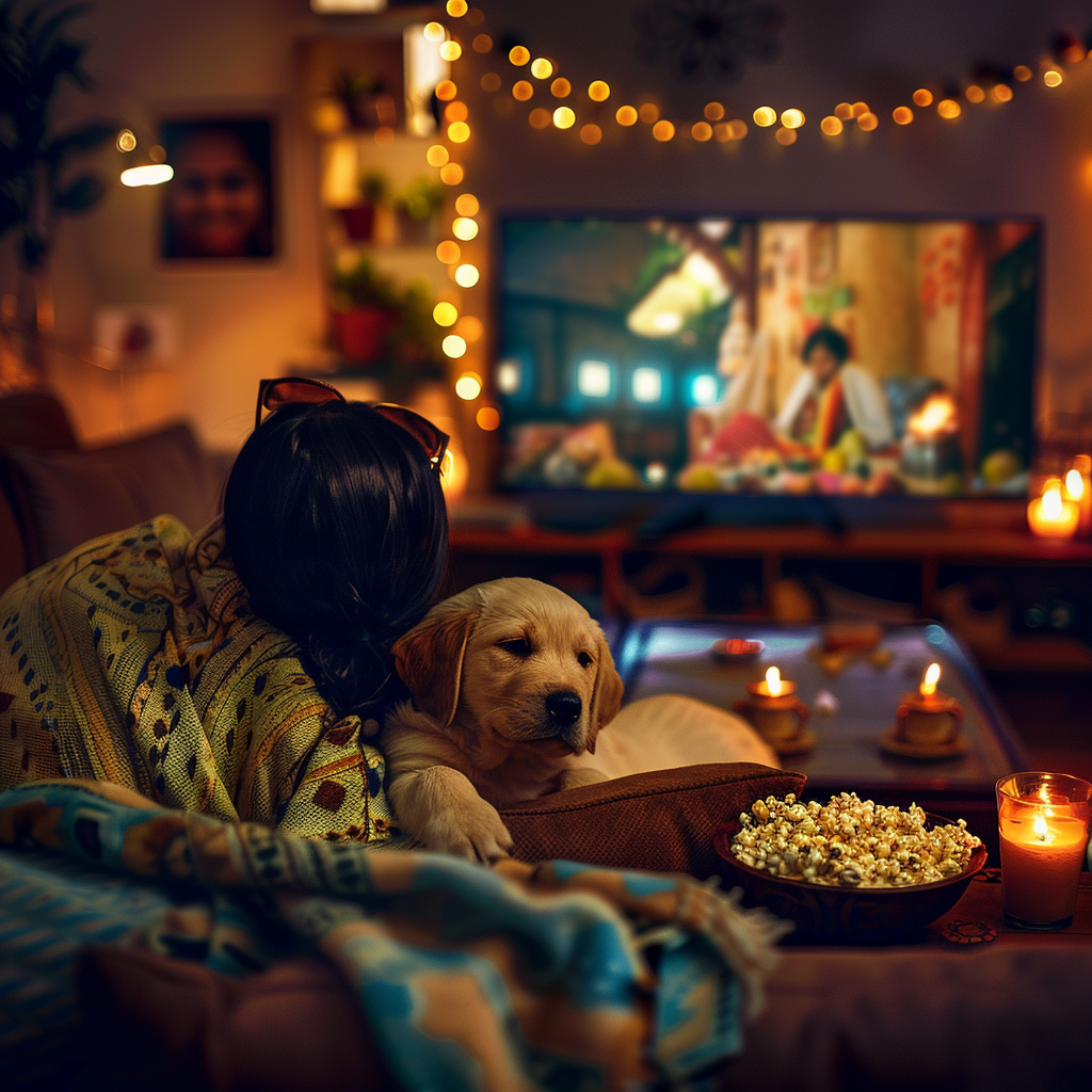 A cozy Indian living room at night, where a pet owner and their fluffy Labrador puppy snuggle on a couch, watching a movie on a large TV screen. On the occasion of National Puppy Day