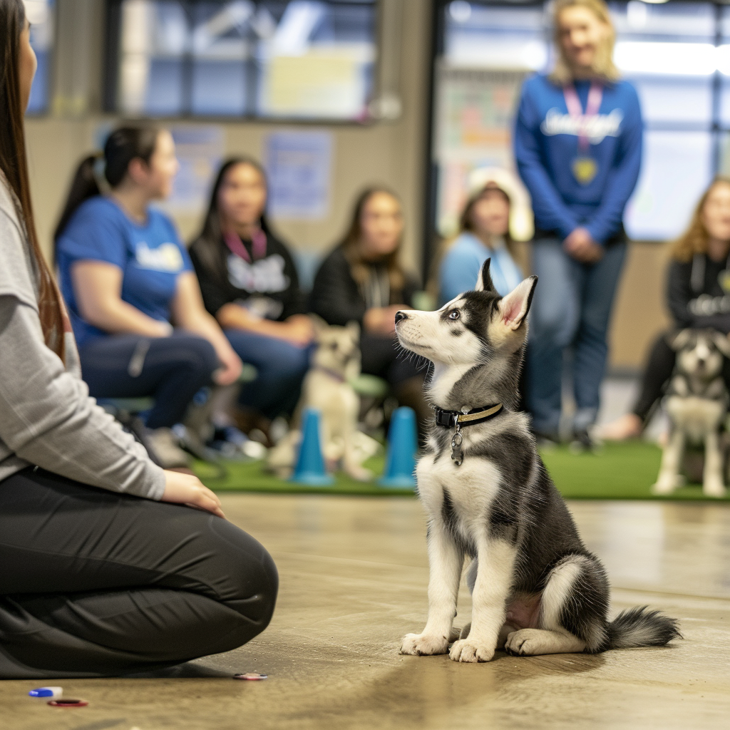 A professional puppy training workshop in a spacious indoor facility. A skilled dog trainer kneels, guiding a playful husky puppy through a basic obedience exercise, while pet owners attentively watch and practice with their own puppies. 