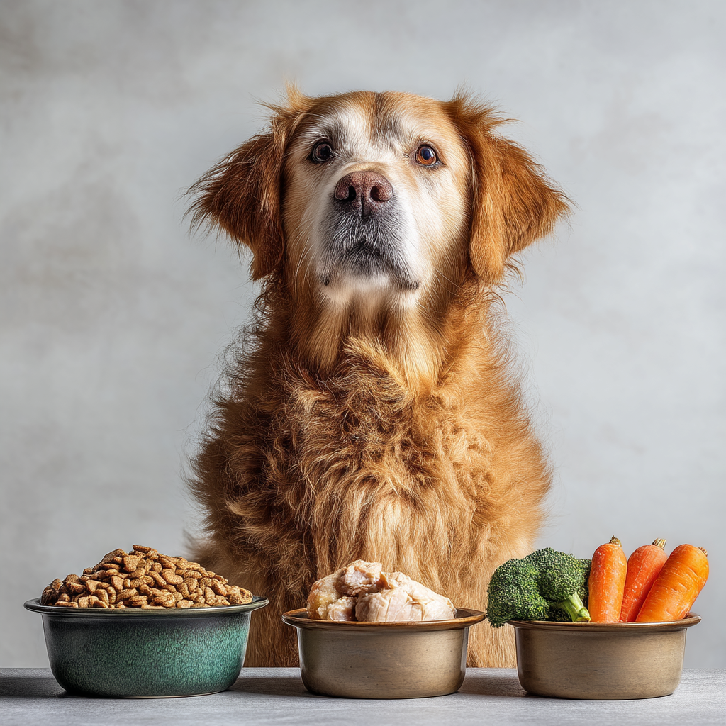 A balanced scene showing a golden retriever sitting between two food bowls.