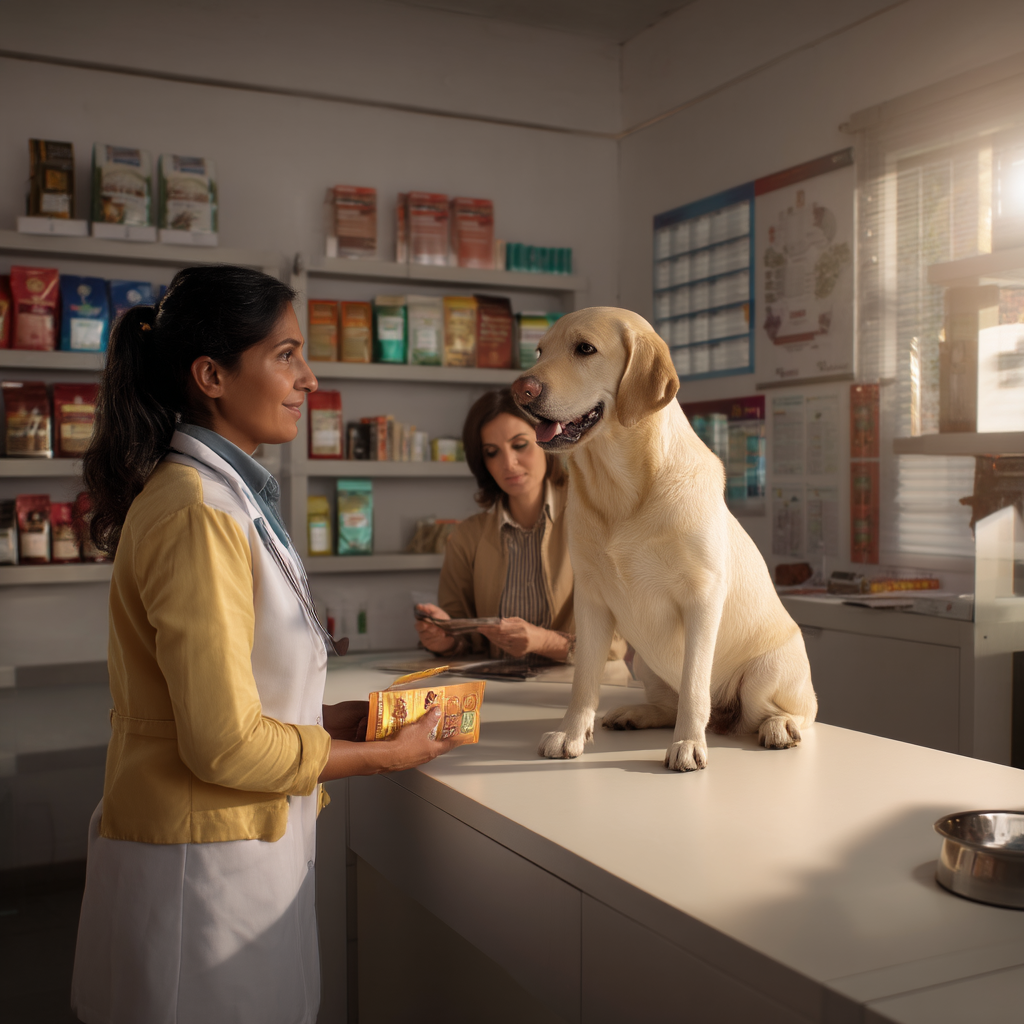 an Indian veterinarian in a clinic gently consulting a dog parent with a healthy Labrador sitting on the examination table