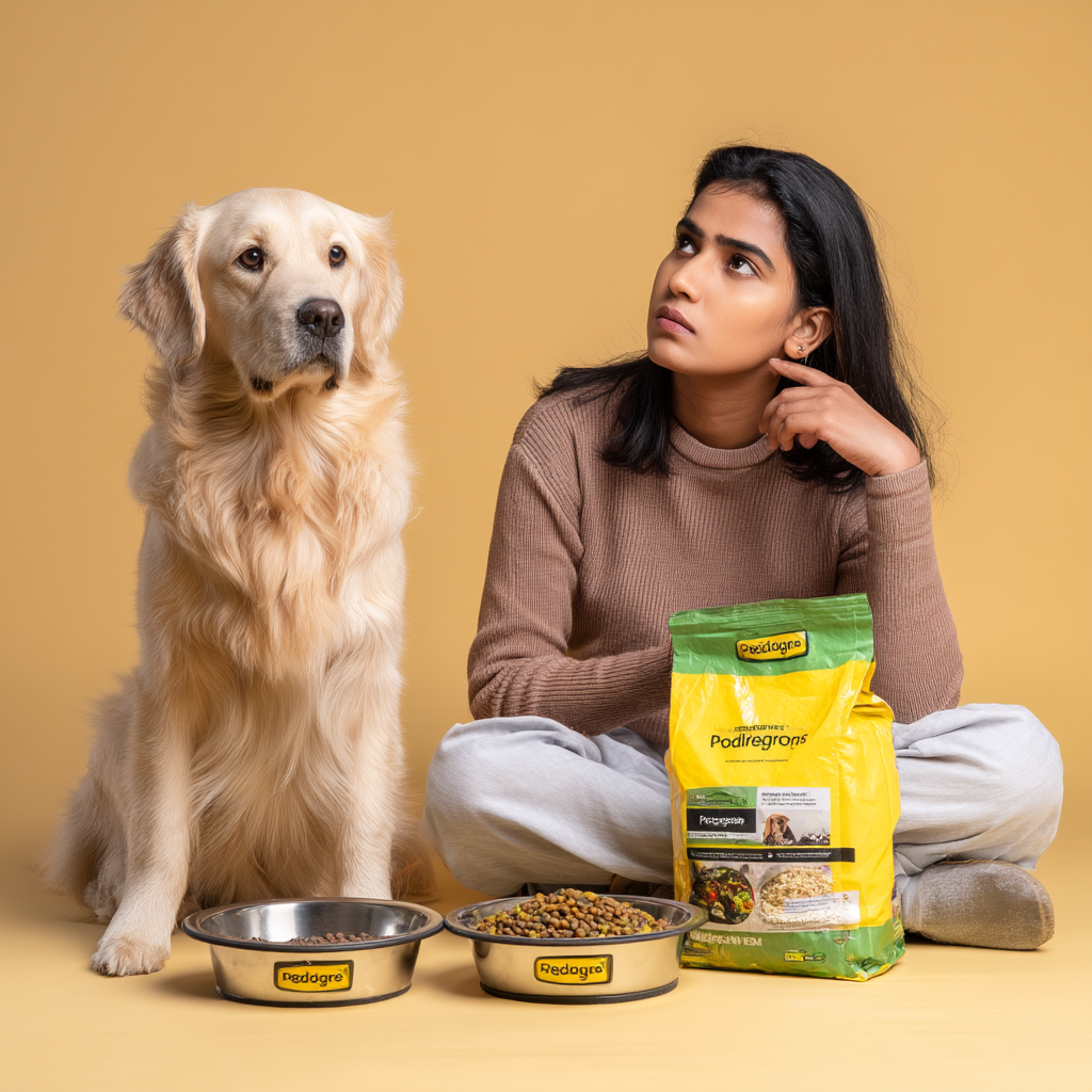 A thoughtful Indian pet parent sitting on the floor with their golden retriever.