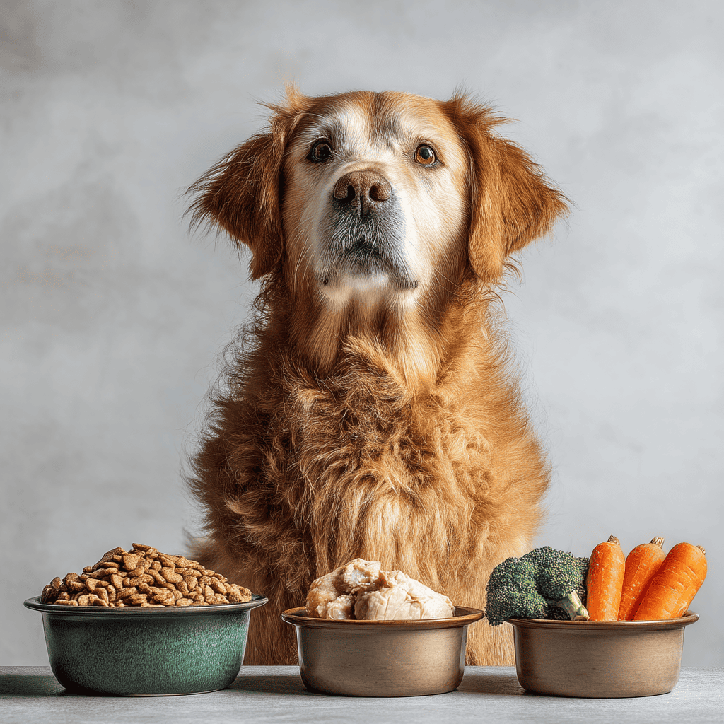golden-retriever-sitting-between-two-food-bowls