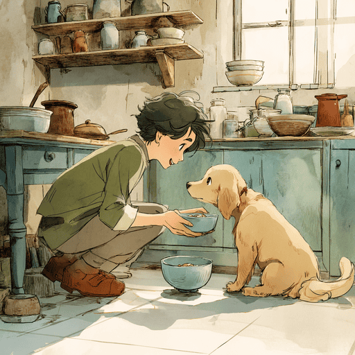 small-bowl-of-new-food-to-a-curious-but-cautious-golden-retriever-puppy