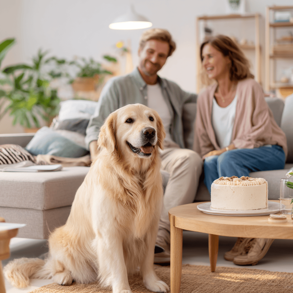 A bright and tidy modern living room with soft natural lighting, a custom dog birthday cake