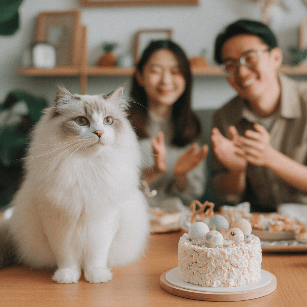 A cheerful and well-lit modern living room decorated with subtle pastel party elements, a custom cat birthday cake