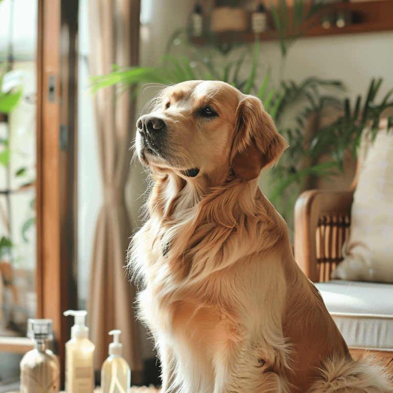 A dog in Indian home with summer grooming essentials, illustrating dog summer care India.