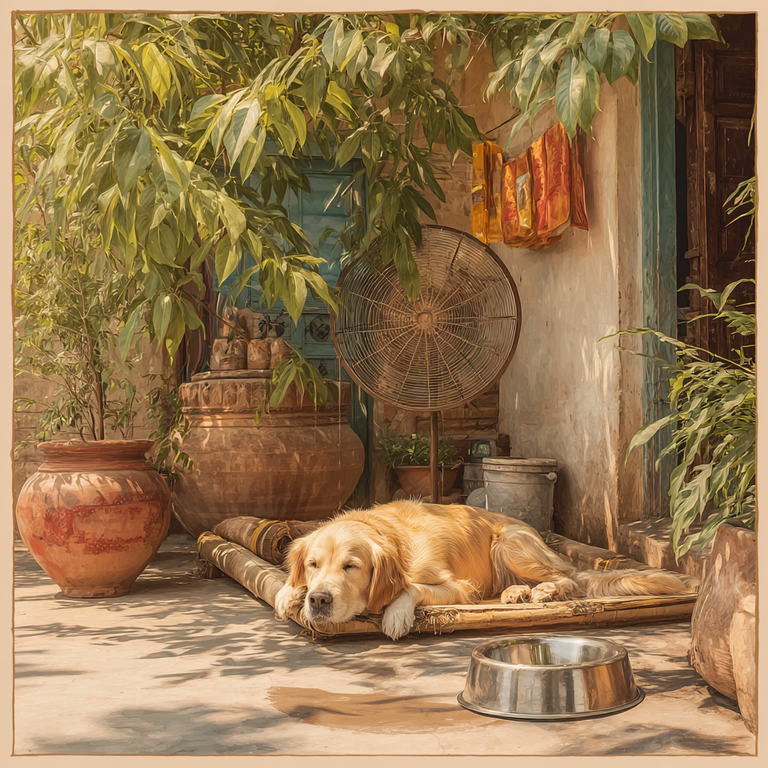 A happy Indian pet owner gently serving water into a stainless steel bowl while a cheerful dog, with a proper gesture and cooling mats, soft summer light, calm and cozy ambiance