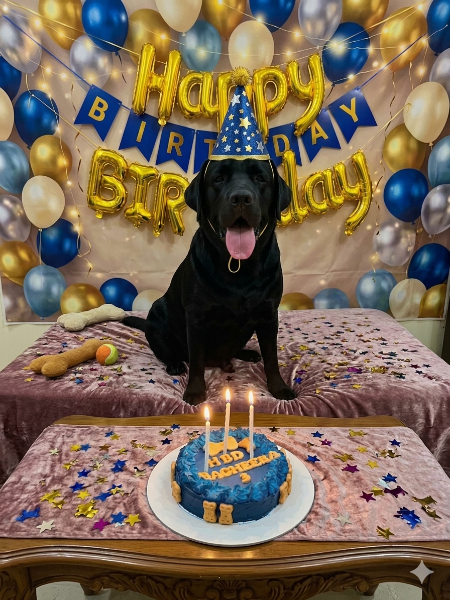 black labrador dog with birthday cake