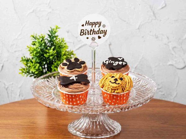 Four dog birthday cupcakes featuring an edible dog face, paw print, and bone toppers.